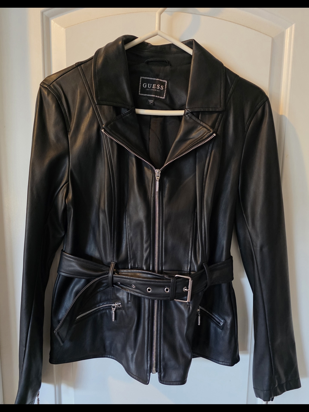 GUESS Women's Black Leather Zip Belted Jacket